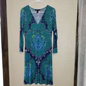 INC International Concepts Blue Sheath Dress Long Sleeve V-Neck